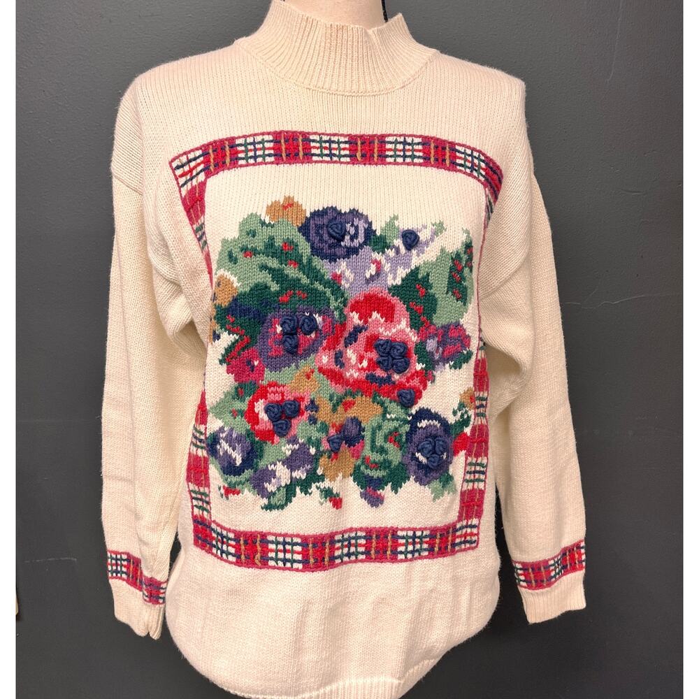 women's SM vintage floral intarsia mock neck sweater plaid off white pink purple - Picture 1 of 8